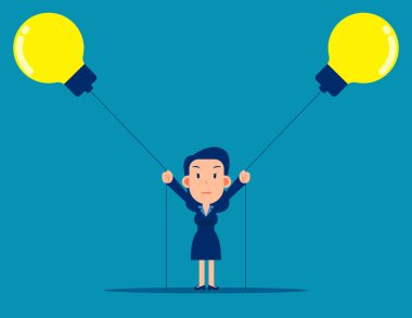 Fikir ampulünü iki taraftan çeken bir kadın.