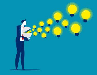 İş adamı bilgi yayıyor. Parlak fikirler konsepti. Düz çizgi film vektör biçimi