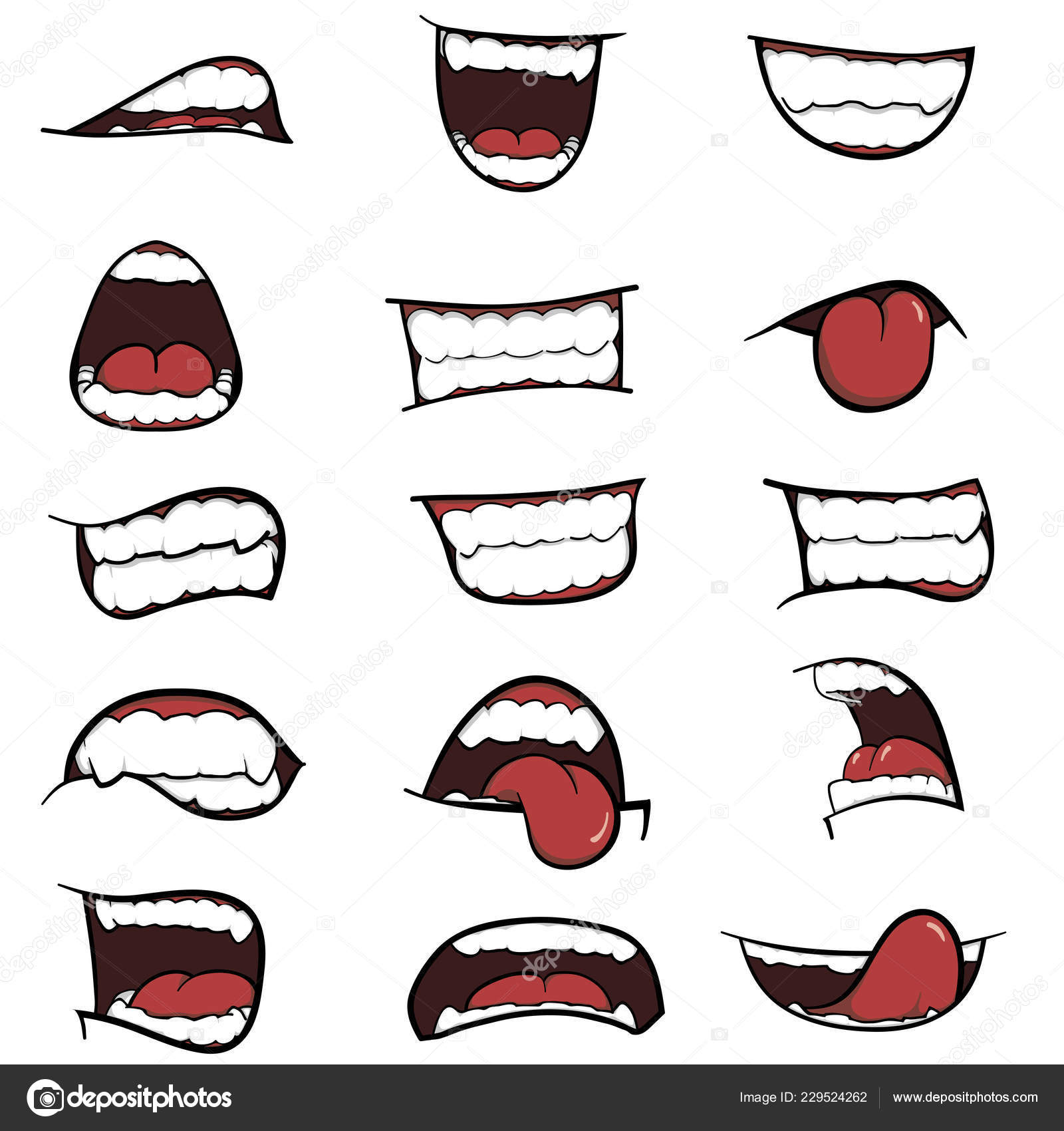 Vetores de Coleção De Elementos De Boca Dos Desenhos Animados Mostrar A  Língua Sorrir Com Os Dentes Emoções Expressivas Bocas E Fonemas Set Vector  A Sorrir e mais imagens de Boca 