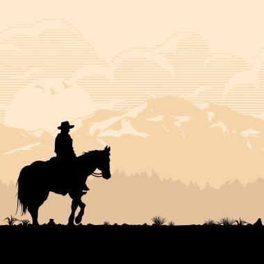 Silhouette of lonesome cowboy riding horse at sunset, Vector Illustration clipart