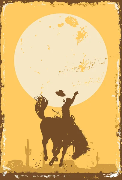 Silueta Vaquero Montando Caballo Salvaje Atardecer Signo Lata Vector — Archivo Imágenes Vectoriales