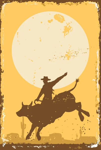 Silhuetten Cowboy Ridning Bull Solnedgången Tin Sign Vektor — Stock vektor