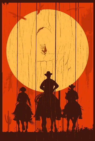 Silhouette Trois Cow Boys Chevauchant Des Chevaux Bannière Vecteur — Image vectorielle