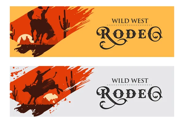 Banner Koboi Rodeo Koboi Menunggang Banteng Dan Kuda Vector Illustration - Stok Vektor