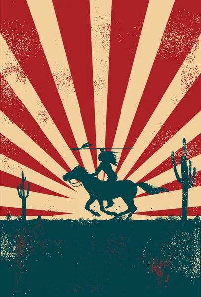 Silhueta Índio Nativo Americano Cavalgando Com Uma Bandeira Lança Vetor — Vetor de Stock