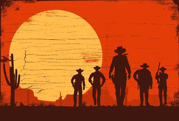 Silhouette Von Fünf Cowboys Die Auf Einem Holzbrett Vorwärts Laufen — Stockvektor