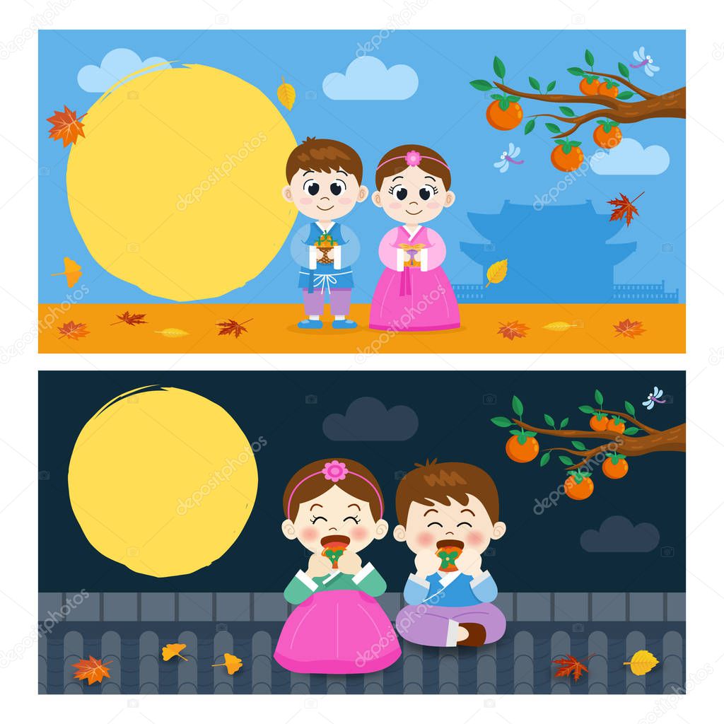 Chuseok, Korean Mid autumn festival banner, Illustration of cute boy and girl holding persimmonsand eating persimmons.