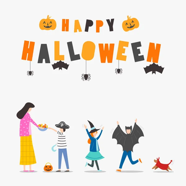 Flaches Design Kinder Halloween Kostümen Tricksen Oder Behandeln Vektorillustration — Stockvektor