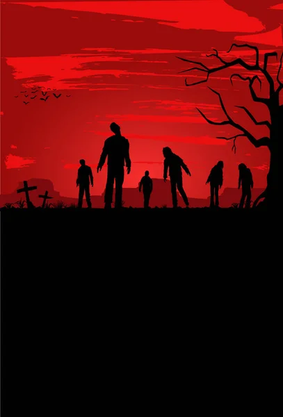 Silhouette Zombies Marchant Cimetière Illustration Vectorielle — Image vectorielle