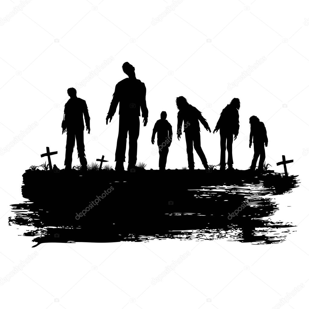 Halloween poster, Silhouette of zombies walking at graveyard, Vector Illustration