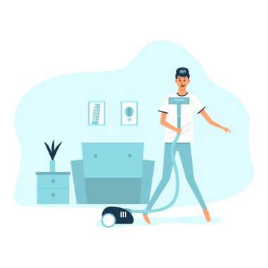  House, vektör temizlerken elektrik süpürgesi ile şarkı bir adam