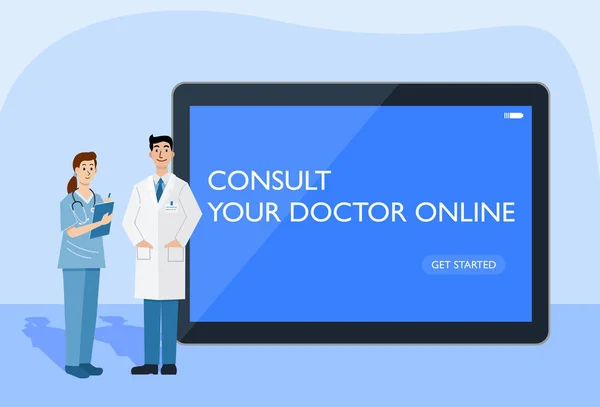 Concepto Salud Digital Ilustración Del Médico Enfermera Utilizando Una Tableta — Vector de stock