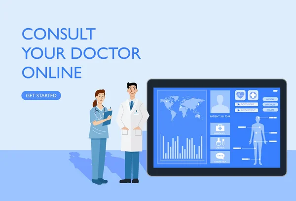 Concepto Salud Digital Ilustración Del Médico Enfermera Utilizando Una Tableta — Vector de stock