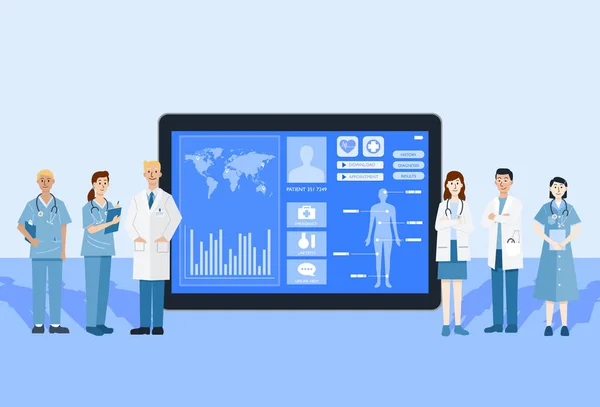 デジタル医療の概念 医師や看護師の患者はオンライン ベクトルをコンサルティングのタブレットを使用してのイラスト — ストックベクタ