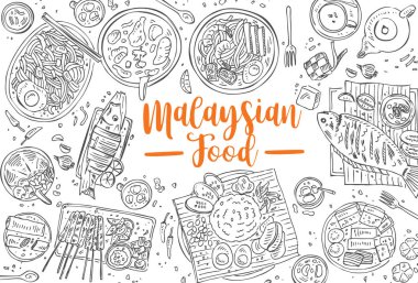 Hand drawn Malaysian food doodles, Vector clipart