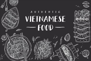 Üstten görünüm geleneksel Vietnam yemekleri, vektör çizim el çekilmiş