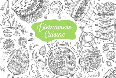 Hand drawn top view traditional Vietnamese food, Vector Illustration clipart