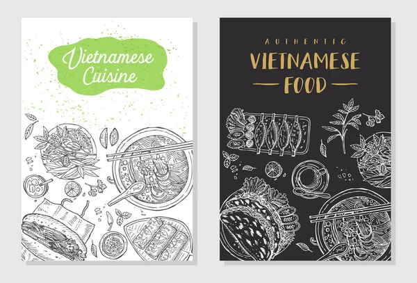 Vietnamca gıda el ilanı tasarımı. Doğrusal grafik. Vektör çizim. Oyulmuş stili.