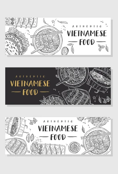 越南美食横幅收藏 线性图形 矢量插图 雕刻风格 — 图库矢量图片