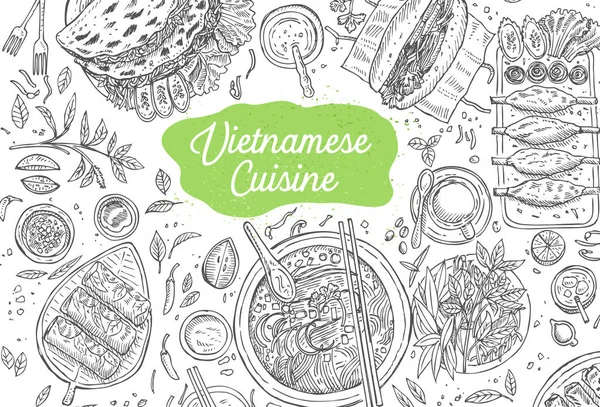 Hand drawn top view traditional Vietnamese food, Vector Illustration — Stock Illustration Hand Drawn Top View Traditional Vietnamese Food Vector Illustration Royalty Free Stock Illustrations