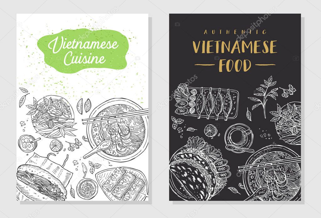 Vietnamese food flyer design. Linear graphic. Vector illustration. Engraved style.
