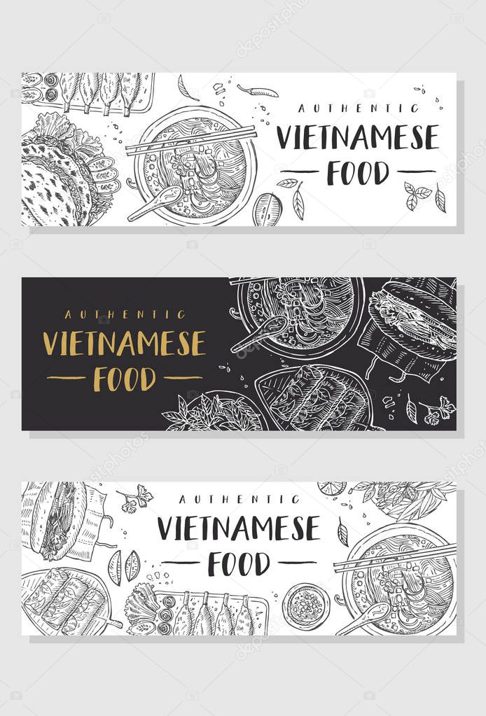 Vietnamese food banner collection. Linear graphic. Vector illustration. Engraved style.