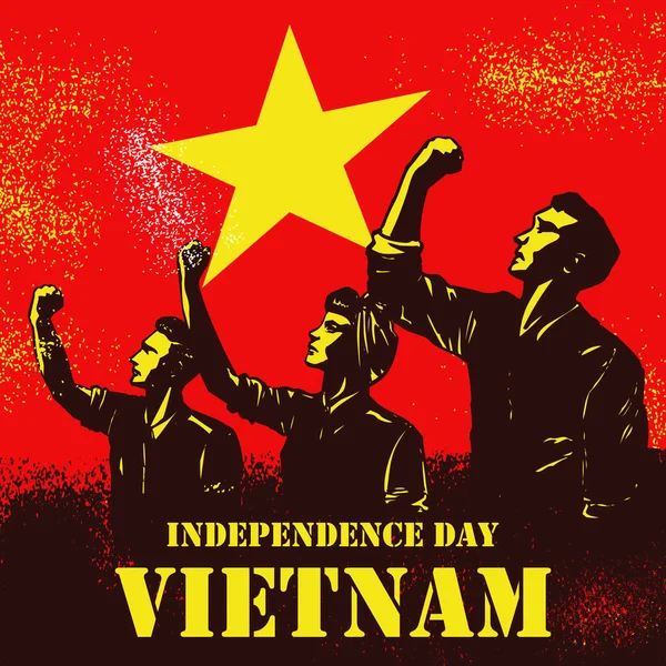 Självständighetsdagen Vietnam Illustration Människor Att Höja Nävar Flaggan Vietnam Som — Stock vektor