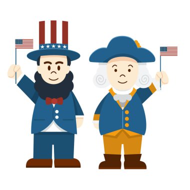 Düz tasarım, sevimli çizgi film Abraham Lincoln ve George Washington, Başkan'ın gün 