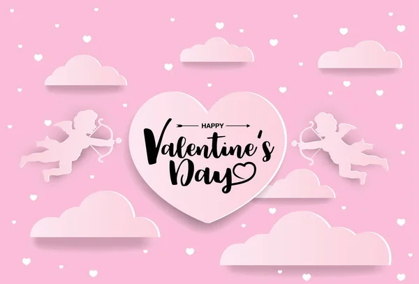 Estilo Arte Papel Día San Valentín Fondo Rosa Con Cupidos — Vector de stock