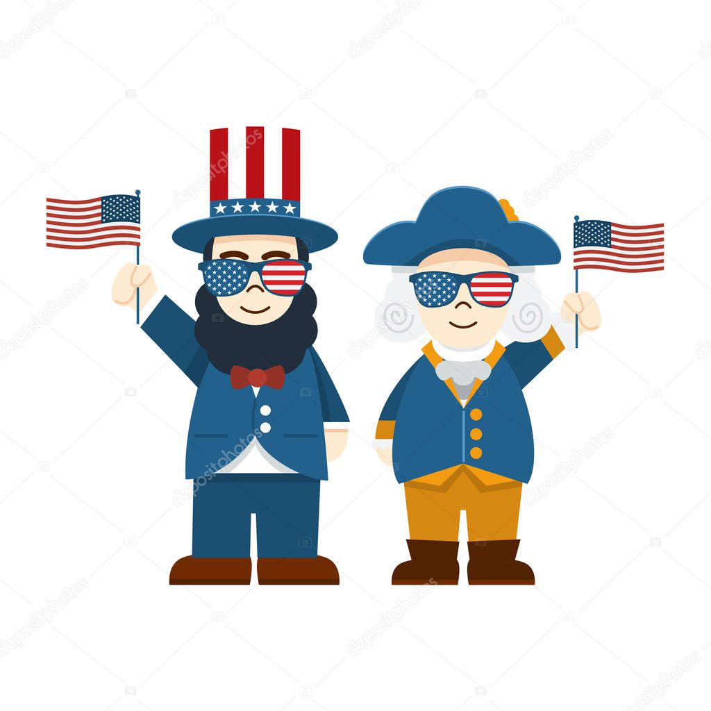 Flat design, Cute Cartoon Abraham Lincoln and George Washington, President's Day 