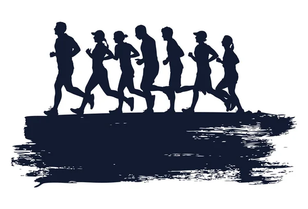 Silueta Personas Corriendo Maratón Vector — Vector de stock