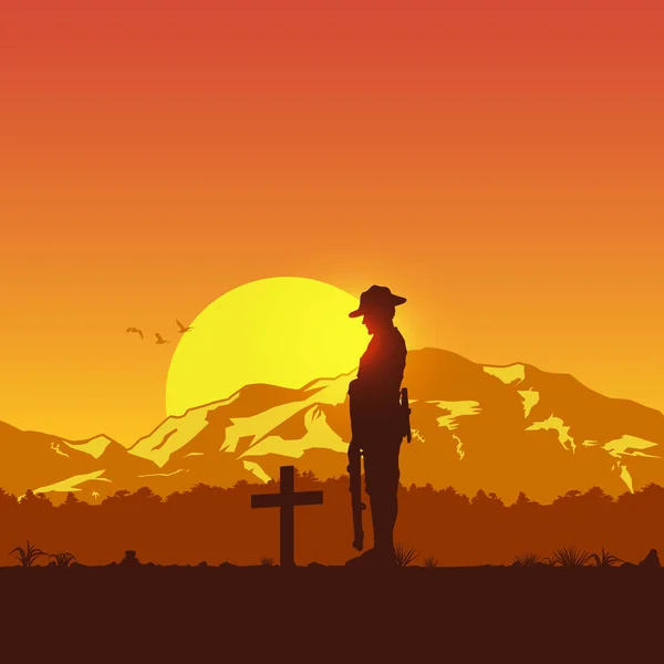 Silhouette Soldier Paying Respect Grave Vector — Stock Vector