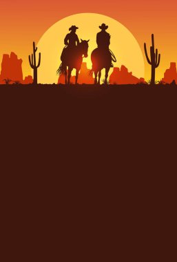 Silhouette of Cowboy couple riding horses at sunset, vector clipart