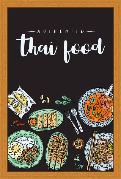 Ręcznie Rysowane Widok Góry Tradycyjne Tajskie Jedzenie Tablicy Ilustracji Wektorowych — Wektor stockowy