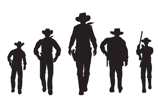 Silhueta Cinco Cowboys Caminhando Para Frente Banner —  Vetores de Stock