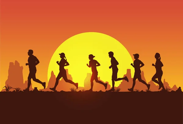 Silhouet Van Mensen Lopen Van Marathon Vector — Stockvector