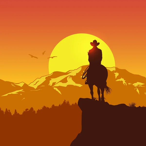 Siluet Koboi Kesepian Menunggang Kuda Saat Matahari Terbenam Vector Illustration - Stok Vektor