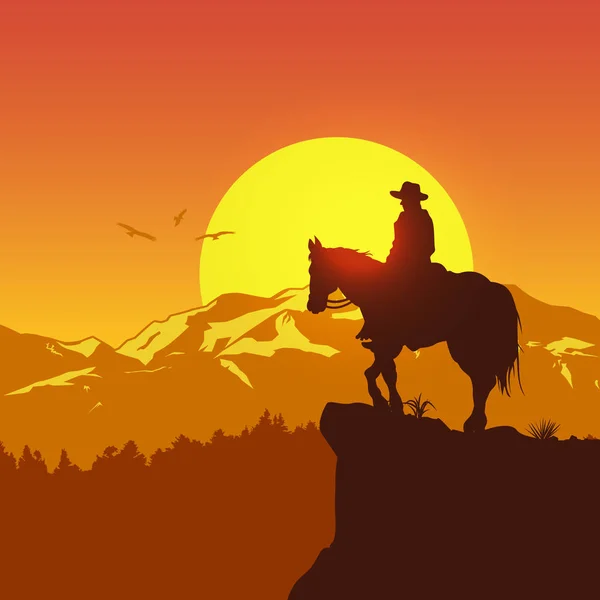 Silhouette Lonesome Cowboy Riding Horse Sunset Vector Illustration — Stock Vector