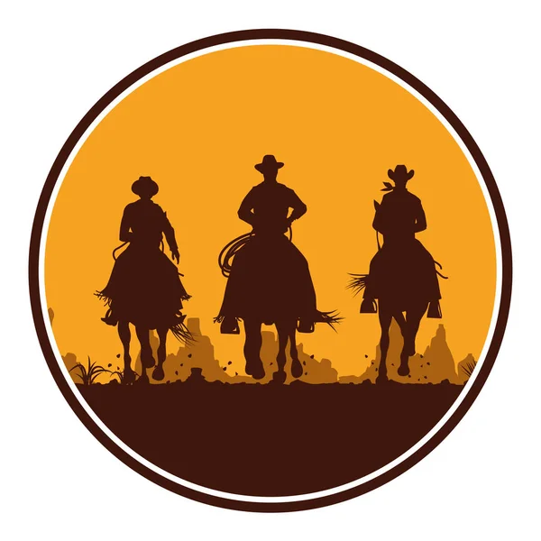 Silhueta Cowboys Montando Cavalos Forma Círculo Vector — Vetor de Stock