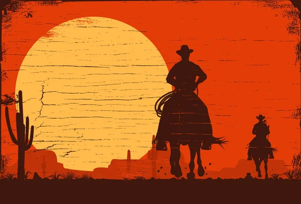 Silhouet Van Drie Cowboys Rijden Van Paarden Een Houten Plank — Stockvector