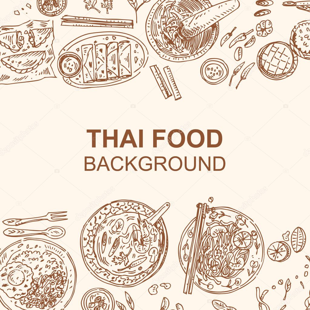 Thai food menu design template. Hand drawn. Vector illustration. Engraved style.