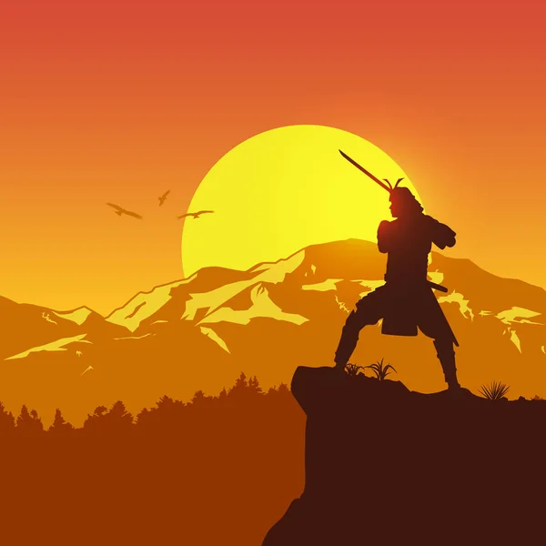 Silhouette Del Guerriero Samurai Giapponese Con Spada Vettoriale — Vettoriale Stock