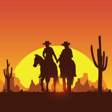 Silhouette of Cowboy couple riding horses at sunset, vector clipart