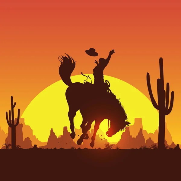 Desenho Cowboy Montando Cavalo Selvagem Pôr Sol Vetor —  Vetores de Stock