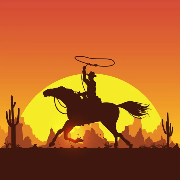 Silueta Vaquero Caballo Atardecer Vector — Archivo Imágenes Vectoriales