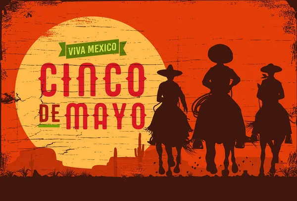 Sylwetka Trzech Meksykańskich Kowbojów Jeździ Końmi Drewnianej Płycie Cinco Mayo — Wektor stockowy