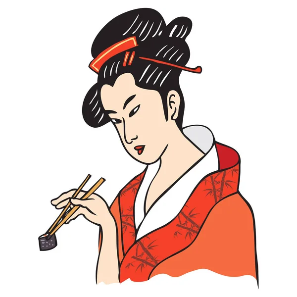 Mujer Kimono Con Palillo Sushi Roll Ilustración Vectorial — Archivo Imágenes Vectoriales