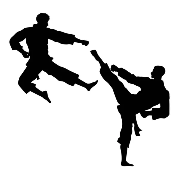 Arti Marziali Silhouette Due Combattimenti Karate Maschile Vettore — Vettoriale Stock