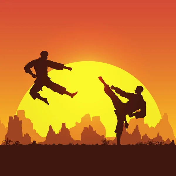 Artes Marciales Silueta Dos Machos Karate Luchando Vector — Archivo Imágenes Vectoriales