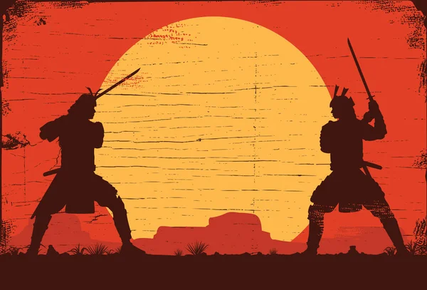 Silhouette Két Japán Szamuráj Kard Harcok Vector Illusztráció — Stock Vector